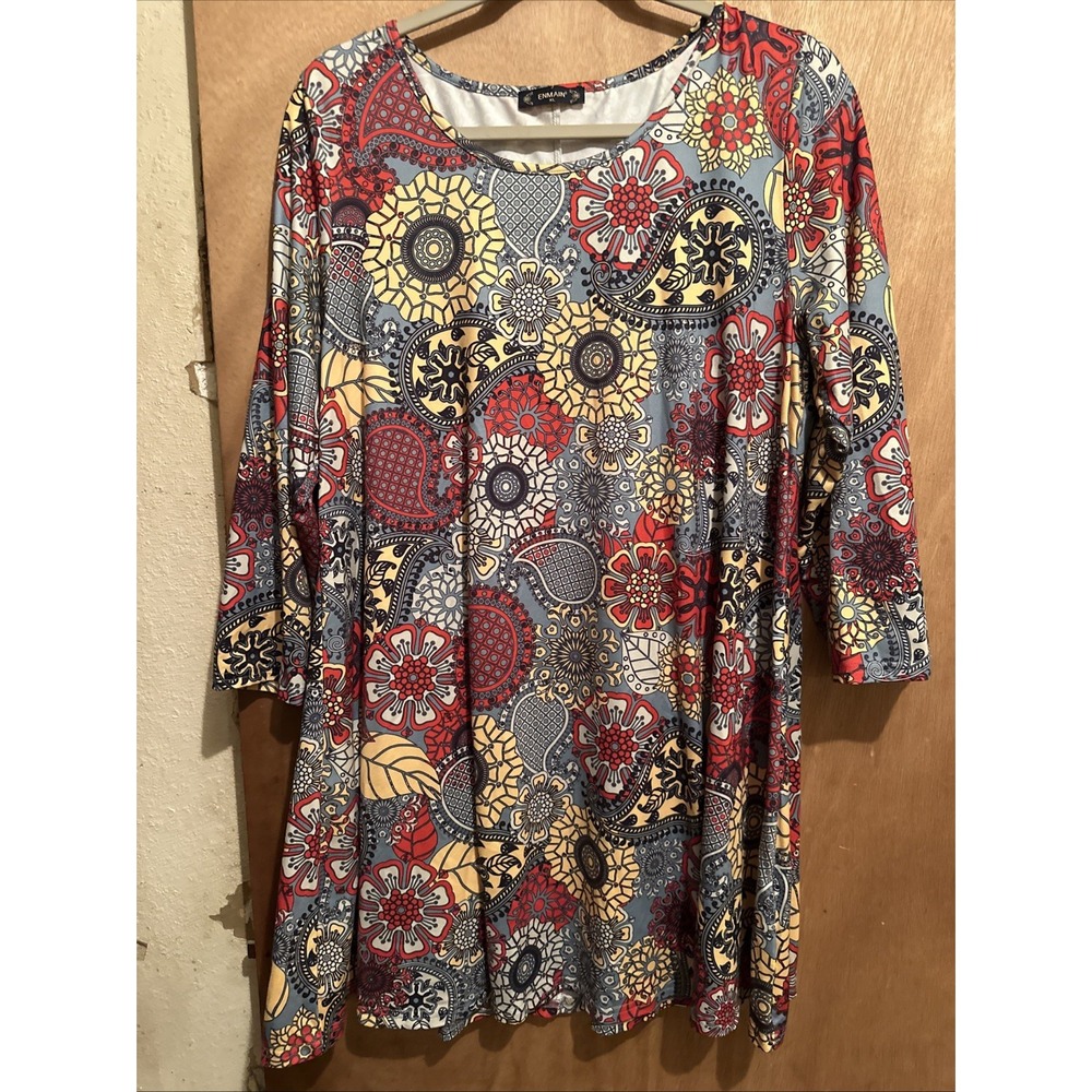 Enmain Dress Womens XL 3/4 Sleeve Multicolor Boho Knee Length